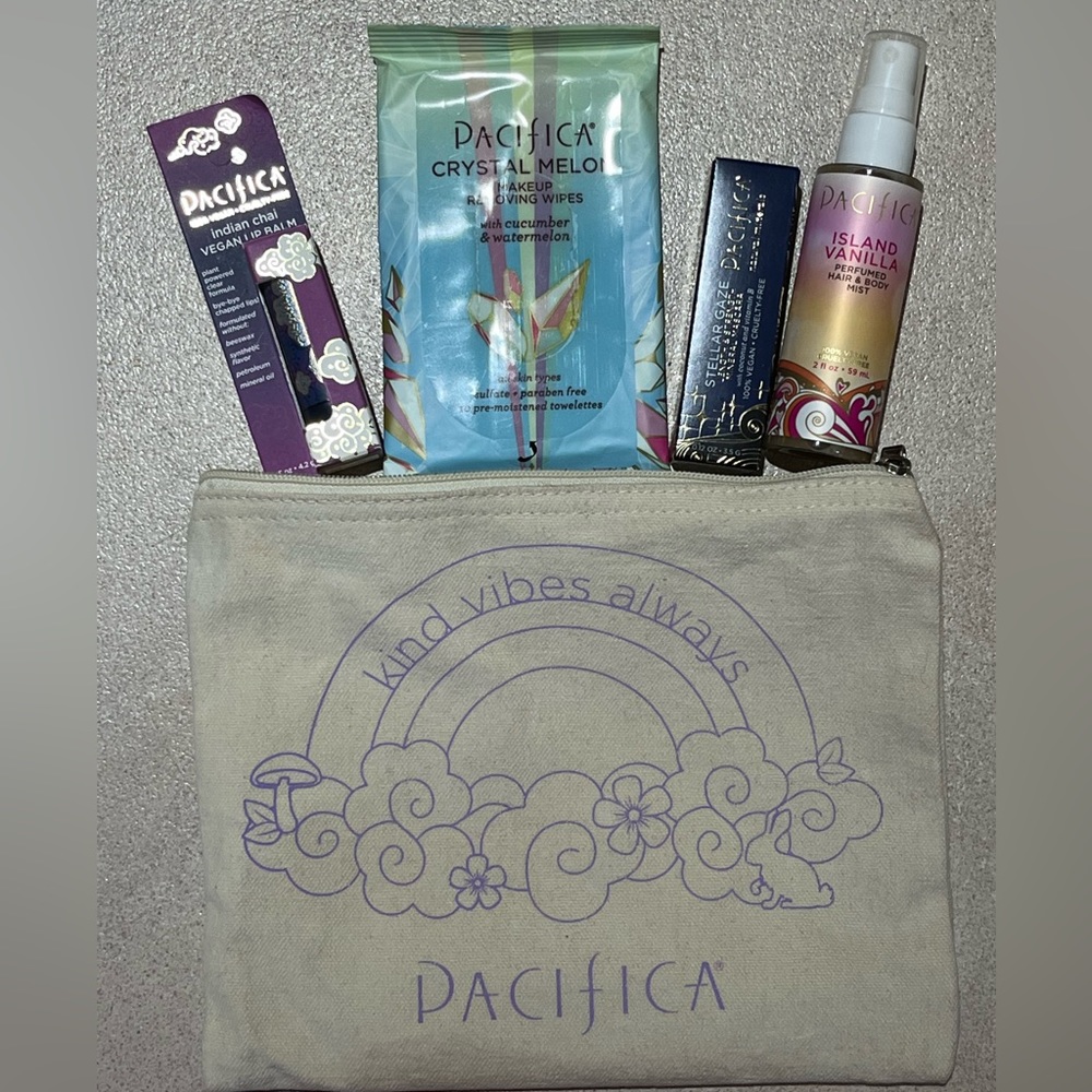 Pacifica Cosmetics Bag with mascara, towelettes, lip balm, body mist